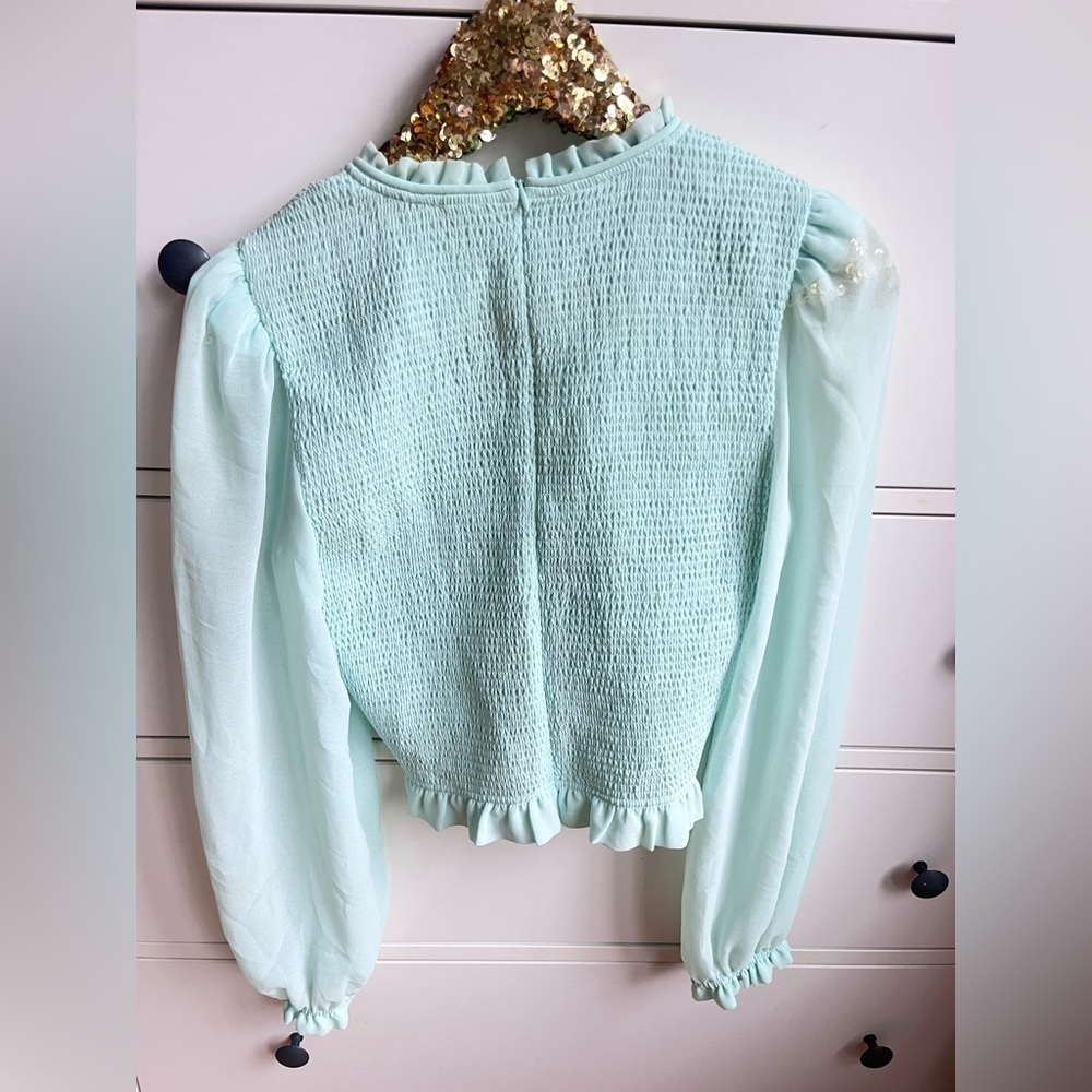 Aritzia Wilfred Pale Mint Smocked Chiffon Ruffle Temptest Top Cottagecore - Picture 2 of 8